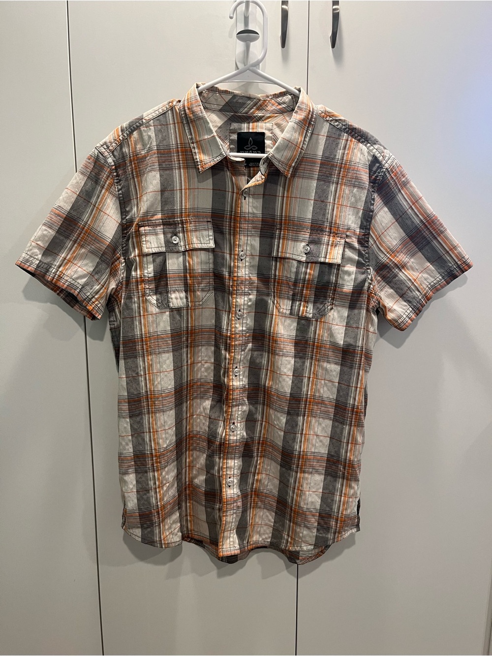 Prana Short-Sleeve Plaid Button-Down Shirt in Orange and Gray